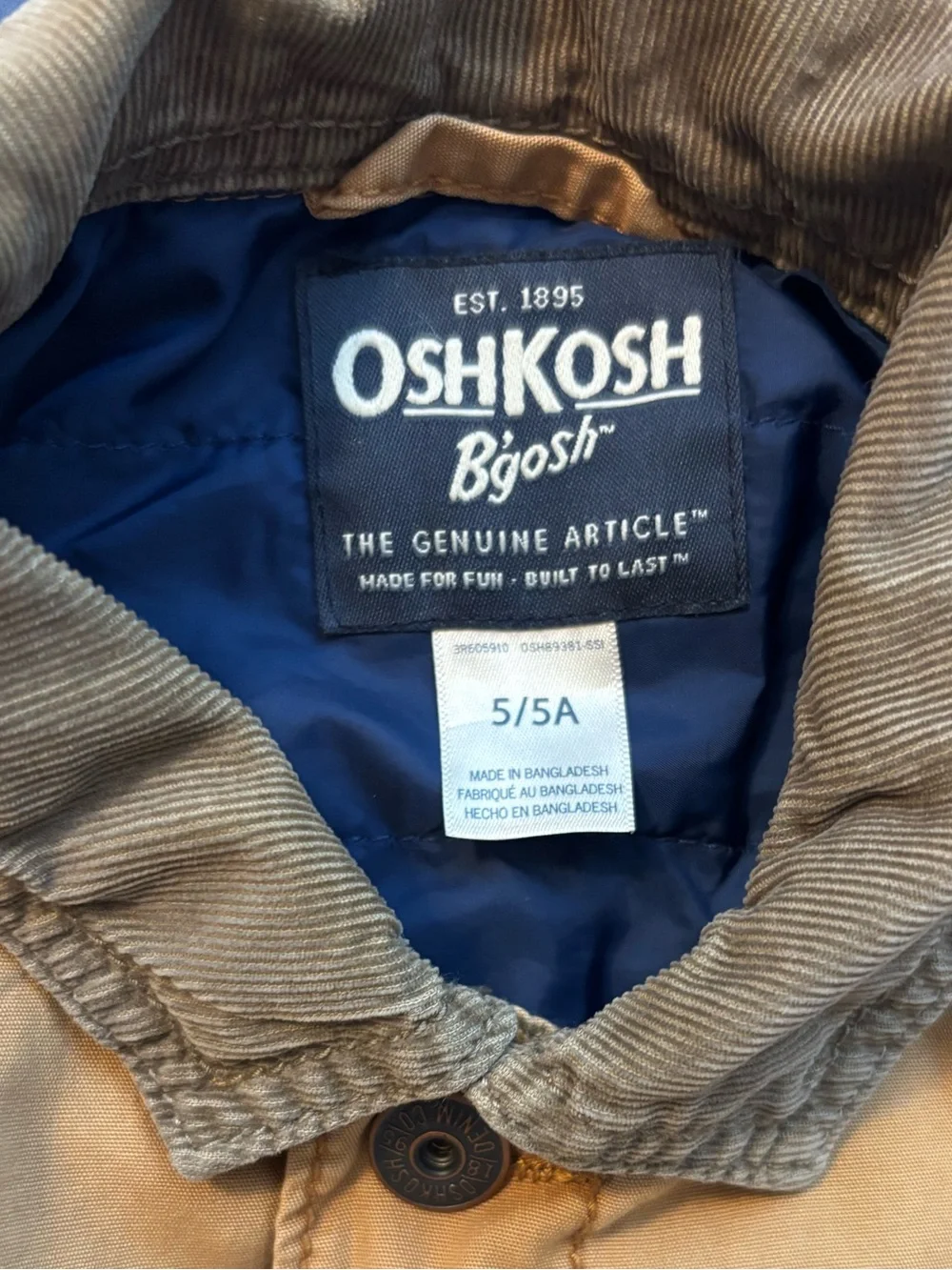 OshKosh B'gosh Kids' Brown Canvas Barn Jacket Corduroy Collar